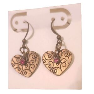 Gold Scroll Heart Earrings With Pink Stones Handmade NEW NWT
